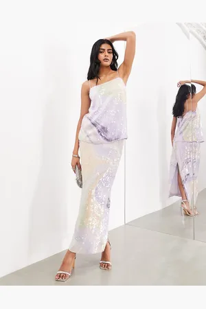 ASOS Gonna lunga con paillettes viola e stampa astratta in coordinato