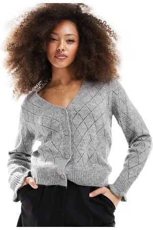 JDY Cardigan in maglia a rombi mélange con maniche ondulate