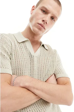 ASOS Polo color pietra leggera in maglia traforata con intaglio sul collo