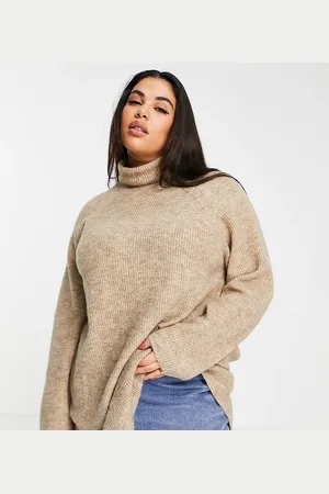 Pieces® Pieces Curve - Maglione taglio lungo con collo alto, color cammello scuro