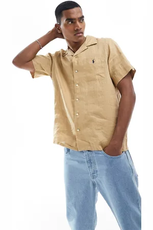 Ralph Lauren Icon - Camicia classica a maniche corte oversize in lino kaki cuoio con logo in coordinato