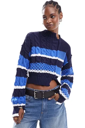 ASOS Maglione taglio corto blu a righe con impunture miste e spacco