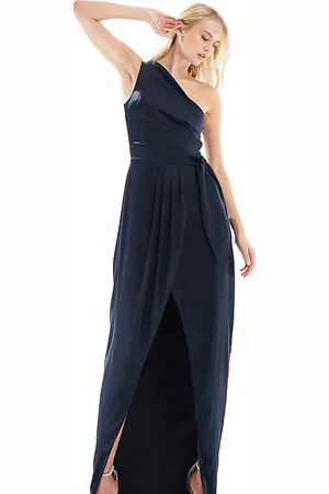 TFNC Vestito lungo da damigella monospalla a pieghe navy