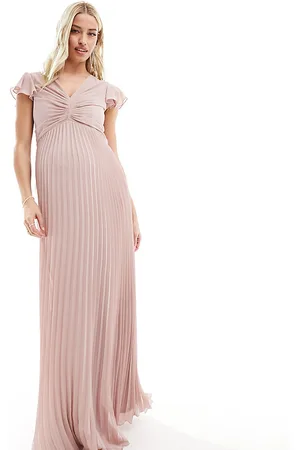 TFNC Vestito lungo da damigella in chiffon tenue con gonna a pieghe e maniche con volant
