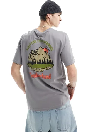 Timberland T-shirt oversize grigia con stampa di paesaggio di montagna sul retro