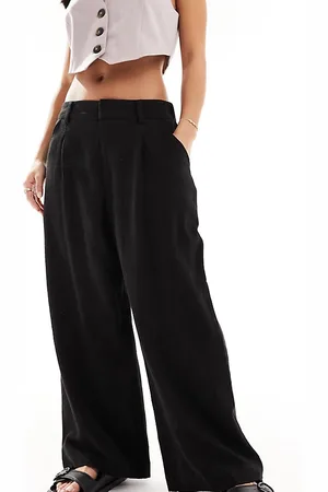 ASOS ASOS DESIGN Petite - Pantaloni dad a fondo ampio neri in misto lino