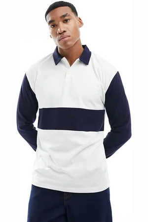 ASOS Polo oversize a maniche lunghe stile rugby bianca e blu con design cut & sew