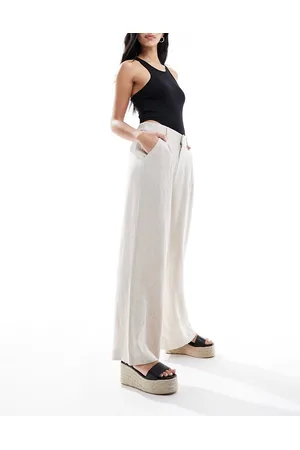 ASOS Pantaloni dad fit a fondo ampio tonalità naturale in misto lino