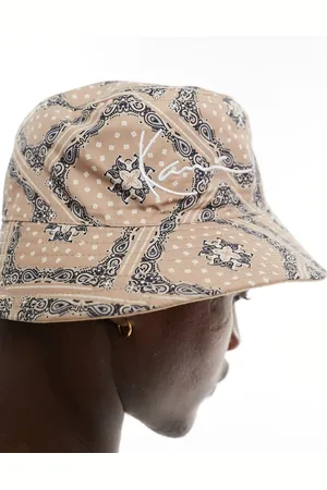 Karl Kani Cappello da pescatore double-face beige con motivo cachemire e firma