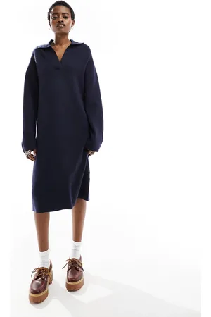 Monki Vestito midi a maniche lunghe in maglia con colletto stile polo