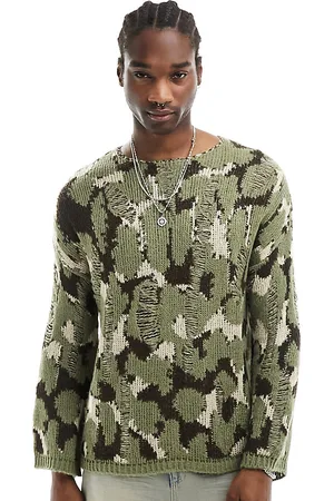 Reclaimed Maglione unisex kaki con stampa mimetica animalier e dettagli invecchiati