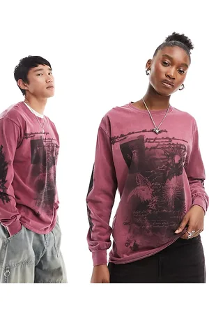 Reclaimed T-shirt unisex a maniche lunghe oversize color bordeaux con stampa grafica sfocata