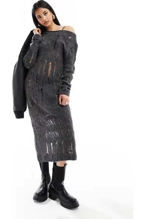 Pimkie Vestito maglia midi antracite effetto smagliato con spalle scoperte