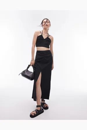 Topshop Gonna lunga nera arricciata sul davanti al centro in coordinato