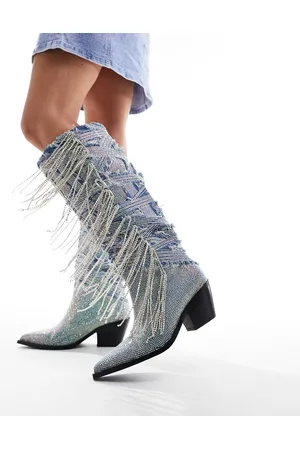 AZALEA WANG Domingo - Stivali al ginocchio in denim con strass e frange stile western
