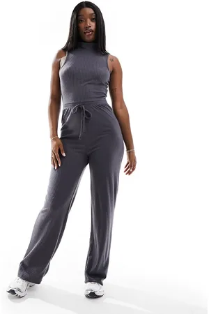 In The Style Tuta jumpsuit accollata a fondo ampio antracite a coste con coulisse