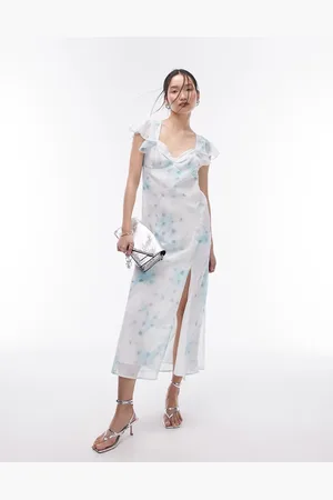 Topshop Vestito da cerimonia blu con stampa, maniche con volant e spacco sul davanti