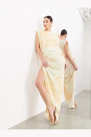 ASOS Vestito midi drappeggiato con spacco laterale con paillettes e stampa astratta
