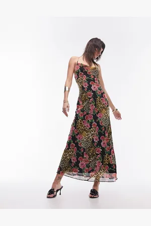 Topshop Vestito sottoveste midi con spalline sottili con stampa leopardata e con rose