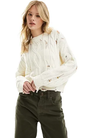 ASOS Maglione in cotone color crema con lavorazione a trecce effetto smagliato