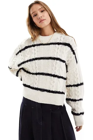 ASOS Maglione girocollo lavorato a trecce color crema a righe