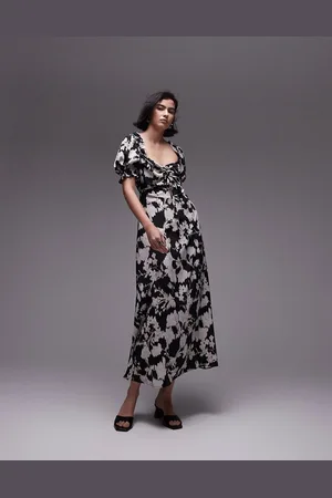 Topshop Vestito midi bianco e nero con stampa animalier e laccetti