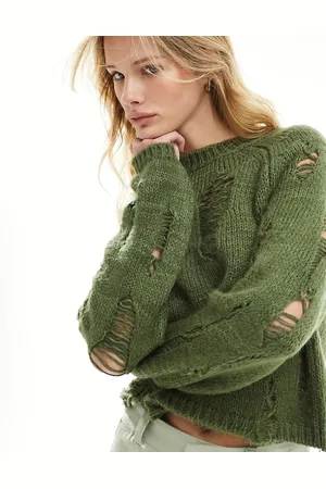 ASOS Maglione corto in cotone a trecce effetto smagliato color kaki