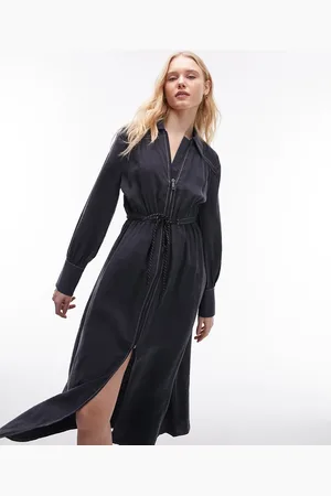 Topshop Vestito camicia midi slavato con zip sul davanti e cuciture a contrasto