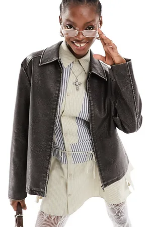COLLUSION Giacca harrington oversize invecchiata in pelle sintetica