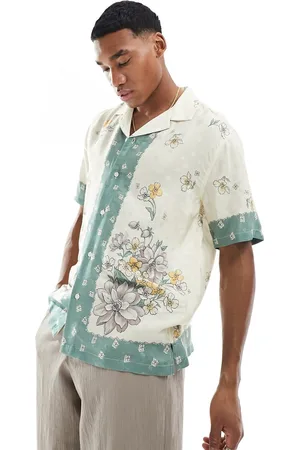 Abercrombie & Fitch Camicia a maniche corte a fiori color crema e verde con stampa sui bordi