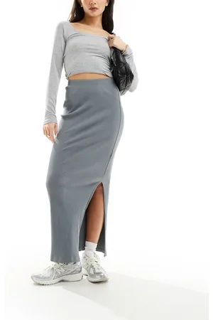 ASOS Gonna midi grigia a coste con spacco laterale