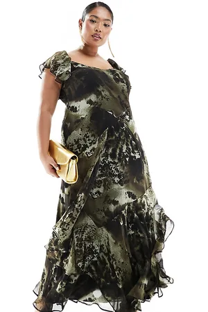 ASOS Esclusiva ASOS DESIGN Curve - Vestito midi con gonna a pannelli, manica con volant e stampa astratta