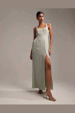 ASOS Vestito lungo da damigella salvia con scollo a cuore e bottoni sul retro