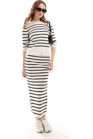 VILA Gonna lunga leggera in maglia color crema a righe in coordinato