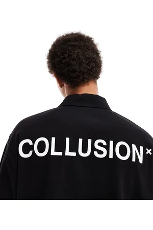 COLLUSION T-shirt stile polo nera con stampa sulla schiena