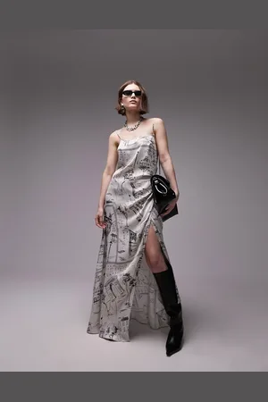 Topshop Vestito sottoveste midi premium a portafoglio con scollo squadrato e stampa stilizzata