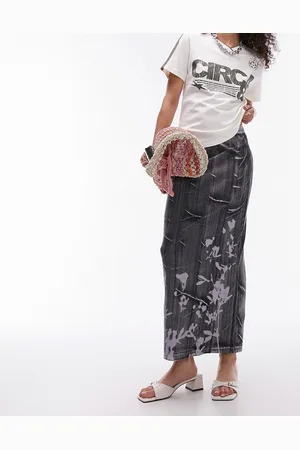 Topshop Gonna midi color slavato a coste con stampa a fiori sfumata