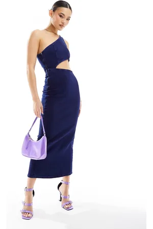 ASOS Vestito midi in denim lavaggio scuro con scollo asimmetrico e cut-out