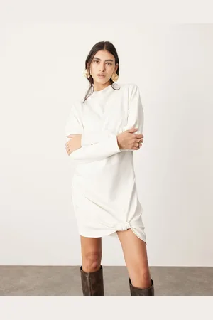 ASOS Vestito corto in crêpe di jersey color avorio con nodo e maniche lunghe