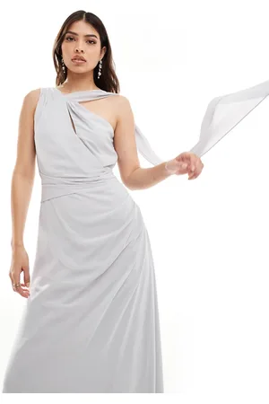 TFNC Vestito da damigella monospalla lungo in chiffon drappeggiato color