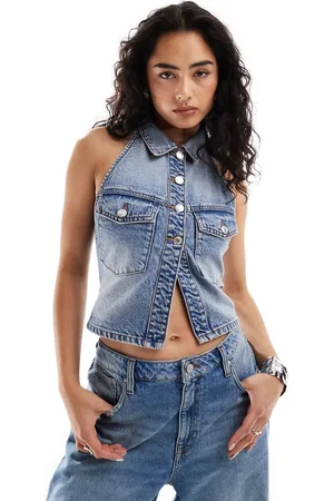 Bershka Gilet di jeans lavaggio vintage allacciato al collo