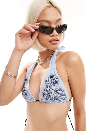 COLLUSION Top bikini azzurro con stampa tatuaggio in coordinato