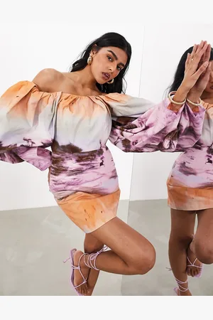 ASOS Vestito corto strutturato bardot con stampa di tramonto