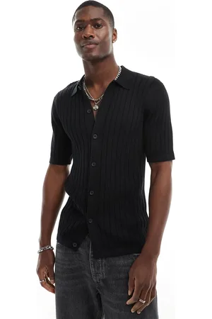 ASOS Polo in maglia leggera nera a coste con bottoni