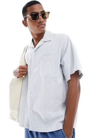 SELECTED Camicia squadrata oversize in seersucker blu a righe con rever