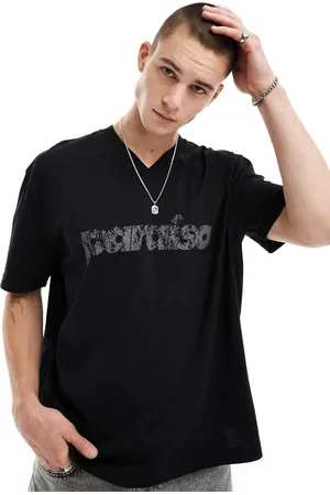 ASOS T-shirt oversize nera con scollo a V e stampa con scritta invecchiata