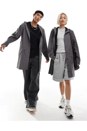 Rains 12020 - Giacca lunga impermeabile unisex grigia con cappuccio
