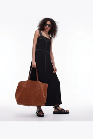 Topshop Vestito midi premium stile grembiule in twill satinato con cuciture a contrasto