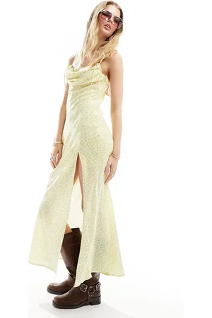 Kiss The Sky Vestito lungo con scollo ad anello e spalline sottili color limone con stampa a fiori