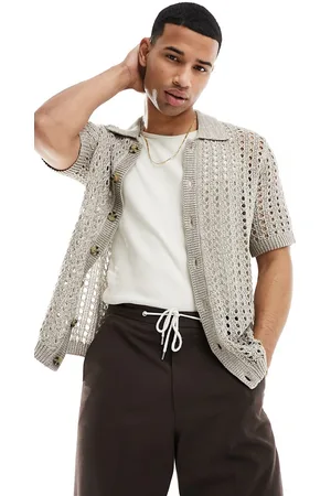 ASOS Polo traforata in maglia color pietra con bottoni vestibilità comoda